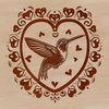 Vibrant Bird in Flight with Love Hearts A colorful hummingbird in flight, surrounded by ornate heart shapes.