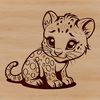 A sitting ocelot with a wild expression, depicted as a vector illustration.