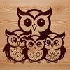 A close-up illustration of a cute owl's face with big round eyes and soft feathers.