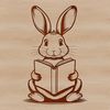 A cartoon rabbit sitting on a stool, holding an open book.