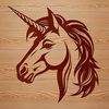 A mythical creature's head with a single horn on its forehead.