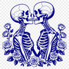 A whimsical illustration of a couple's skeletons surrounded by red roses and floral elements.