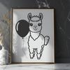 A vector illustration of a friendly alpaca with an inflated balloon tied around its neck.