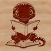 A salamander sits on a rock, holding a book in its front legs.