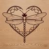 A colorful dragonfly with heart symbols surrounding its body.
