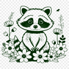 Wildlife Illustration - Raccoon amidst Blooms A detailed illustration of a raccoon surrounded by flowers and foliage.
