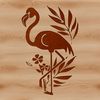 A stylized illustration of a pink flamingo standing in shallow water.