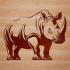 A close-up illustration of a rhino's head with distinctive horns.