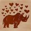 A rhinoceros in a savannah landscape, surrounded by heart icons and designed as vector art.