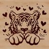 A close-up illustration of a wild tiger's head peeking out from behind leaves, with love hearts surrounding its face.