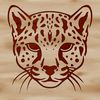 A close-up vector illustration of a wild ocelot's head with distinctive markings.