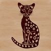A wild big cat with a distinctive coat pattern sits on its haunches.