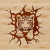 A detailed illustration of a tiger's head peeking out from behind a broken wall, showcasing its wild and powerful nature.