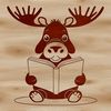 Wild Moose Reads in a Peaceful Scene A wild animal, specifically a large mammal known as a moose, reading a book in a serene environment.