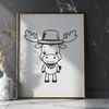 Wildlife Illustration with Top Hat A close-up illustration of a moose's head with a hat on its antlers, suitable for vector art designs.