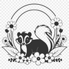 A black and white skunk illustration in a floral pattern.