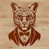 A detailed illustration of an ocelot's head, featuring sharp fur and whiskers.