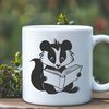 Skunk Reading Scene A skunk sits on the ground, engrossed in reading a book, surrounded by foliage.