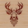 A detailed illustration of a wild animal's head, featuring an ornate deer in profile.