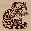 An illustration of a wild ocelot sitting on its haunches.