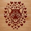 A stylized illustration of an ocelot's head, featuring loving hearts in place of eyes.