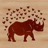 A stylized illustration of a rhino featuring heart decorations.