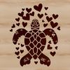 A stylized illustration of a sea turtle with heart patterns surrounding its body.