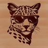 Whimsical Ocelot Face with Shades A close-up image of an ocelot's face with sunglasses perched on its head, depicted in vector format.