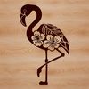 Whimsical Flamingo Landscape Illustration A single flamingo standing in a grassy field with water in the background.