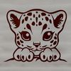 A close-up illustration of a wild ocelot's head peeking out from behind foliage.
