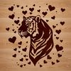 Close-up Tiger Portrait with Love Hearts A close-up illustration of a tiger's face, featuring two love hearts on its forehead.