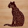 A close-up illustration of a sitting ocelot with its fur texture and facial features prominent.