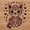 A vector illustration of an ocelot sitting with love hearts surrounding it.