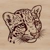 A close-up illustration of an ocelot's head with distinctive markings, suitable for digital crafting.