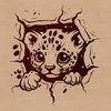 A medium-sized wild cat with a distinctive facial marking and a pointed ear, peeking out from behind a structure.