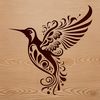 An ornate design featuring a detailed hummingbird perched on a branch, ready to take off into the air.