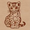 A sitting ocelot with wild eyes, shown in a detailed vector format.