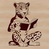 Latin American Wildlife Scene A sleek big cat from Latin America sitting on a stack of books, reading.