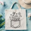 A stylized floral design featuring a cluster of wild flowers in a decorative pocket shape.