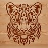 A detailed illustration of an ocelot's head with distinct facial features.