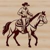 A vector illustration of a cowboy riding a horse in the American West.