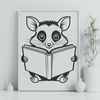 Wild Reader Possum Illustration A cartoon illustration of a possum sitting on a tree stump, surrounded by books, reading a book in the wild.