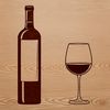 A detailed illustration of a glass of wine with a full bottle in the background.