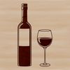 A bottle of red wine in a glass on a wooden table.