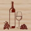 A stylized illustration of a glass containing red wine next to an open bottle.