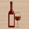 A simple illustration of a glass of red wine with a bottle in the background.