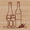 An SVG graphic of a wine bottle and glass on a flat surface.