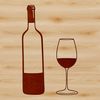 A stylized illustration of a glass containing a bottle of red wine.