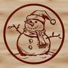 A winter scene featuring a snowman in the center surrounded by falling snowflakes.