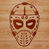 Illustration of a hockey player wearing protective gear, including a mask.